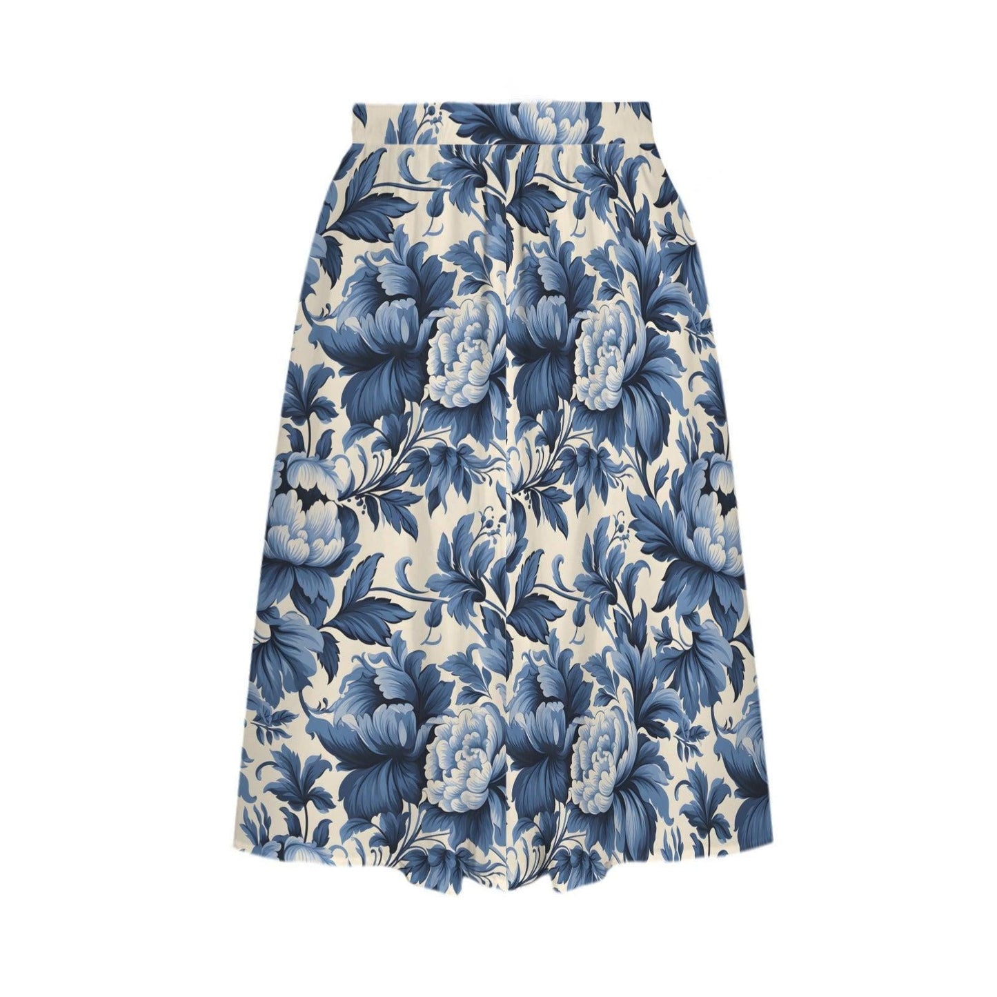 Blue Floral Midi Skirt, Porcelain Flower Print, High Waist, Pockets, A-Line Style