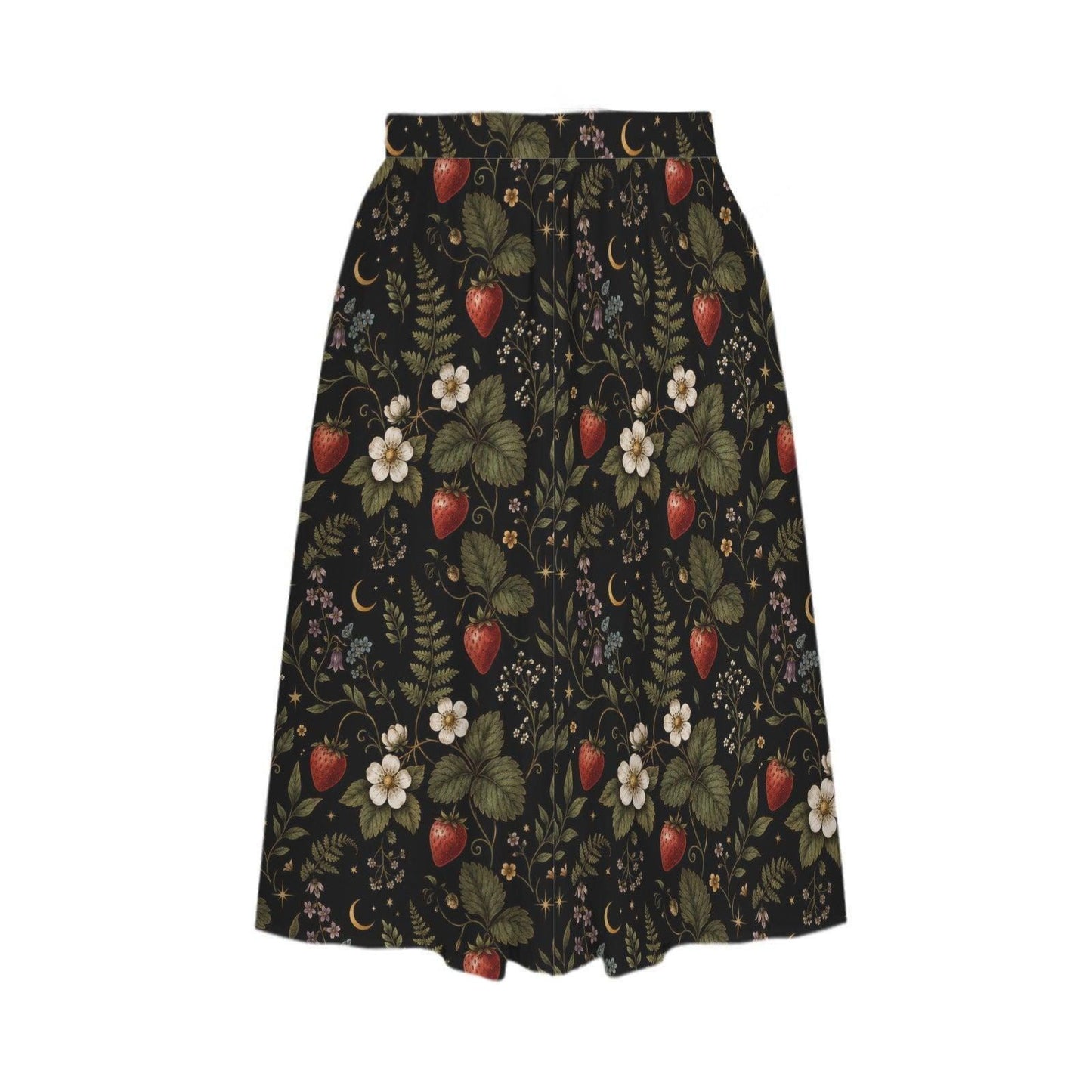 Vintage Style Strawberry Floral Midi Skirt, High Waist Garden Print Summer Dress