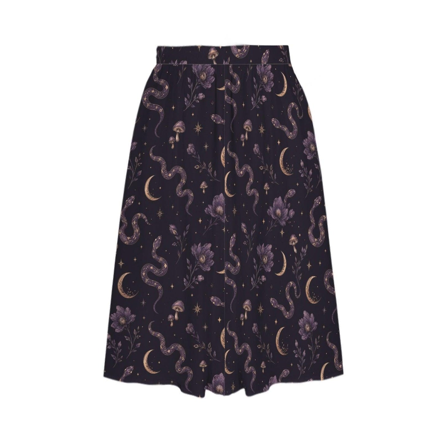 Celestial Moon Midi Skirt, Navy Floral High Waist, Flowy Witchy Boho Style