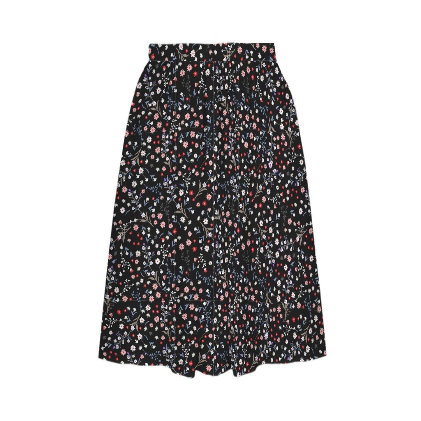 Black Ditsy Floral Midi Skirt, High Waist A Line, Pockets, Wildflower Print