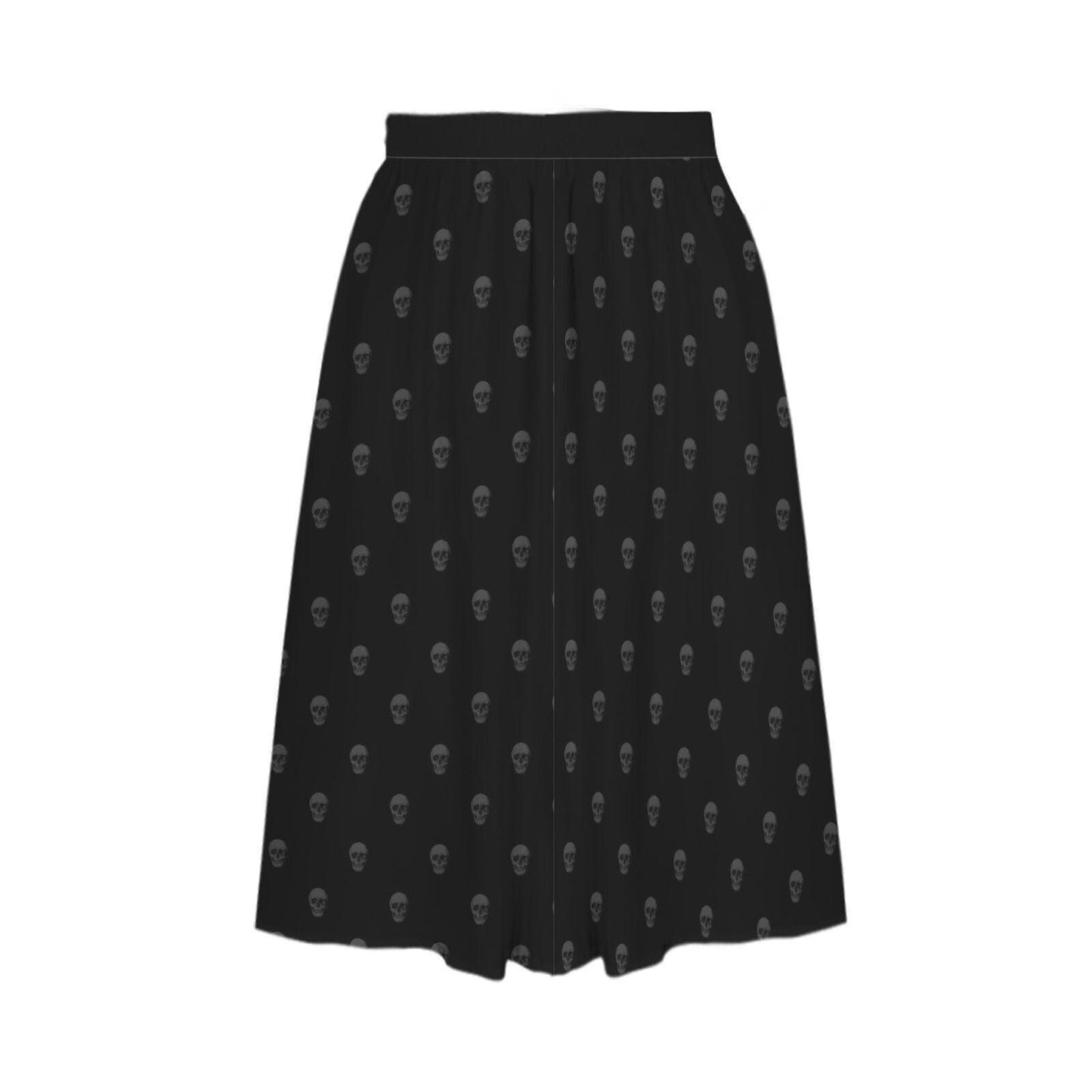 Black Skull Print Midi Skirt, Subtle Gothic Dark Academia Flowy Style