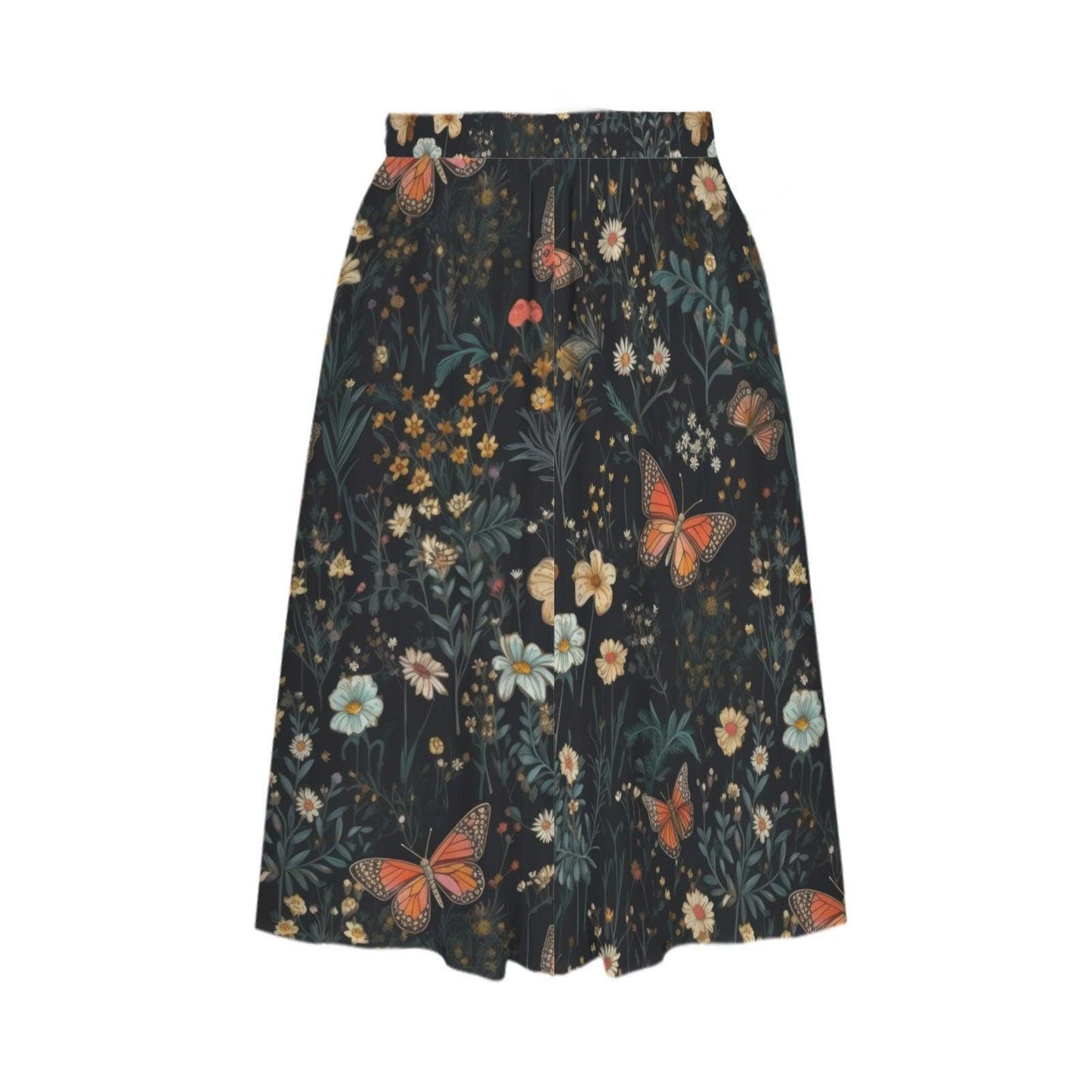 Dark Floral Butterfly Midi Skirt, High Waist Wildflower Print, Cottagecore Garden Party