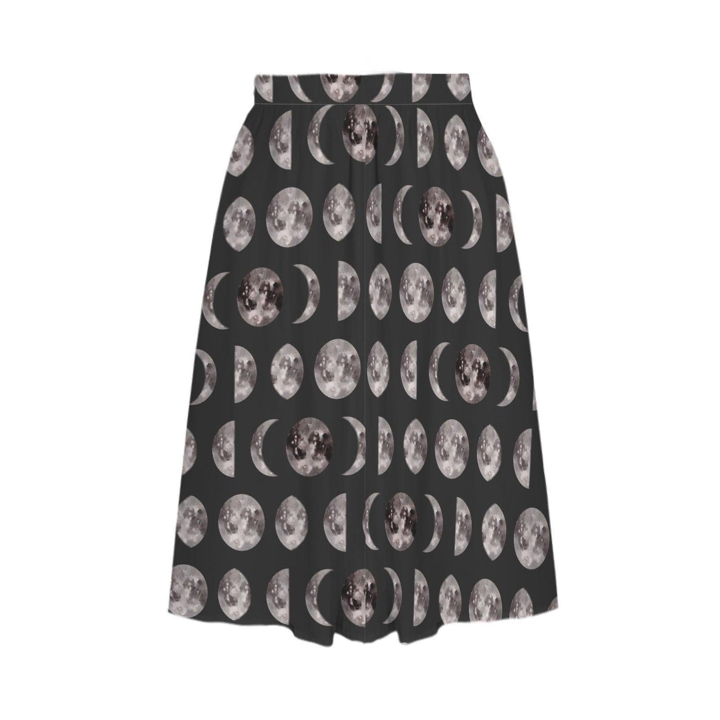 Moon Phase Midi Skirt, Lunar Print, High Waist A-Line with Pockets