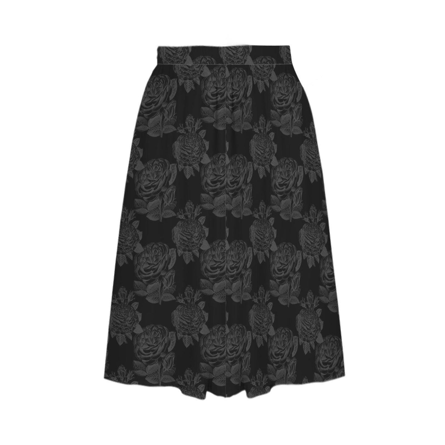 Black Rose Midi Skirt, Tonal Floral High Waist A Line, Dark Romantic Evening Styling
