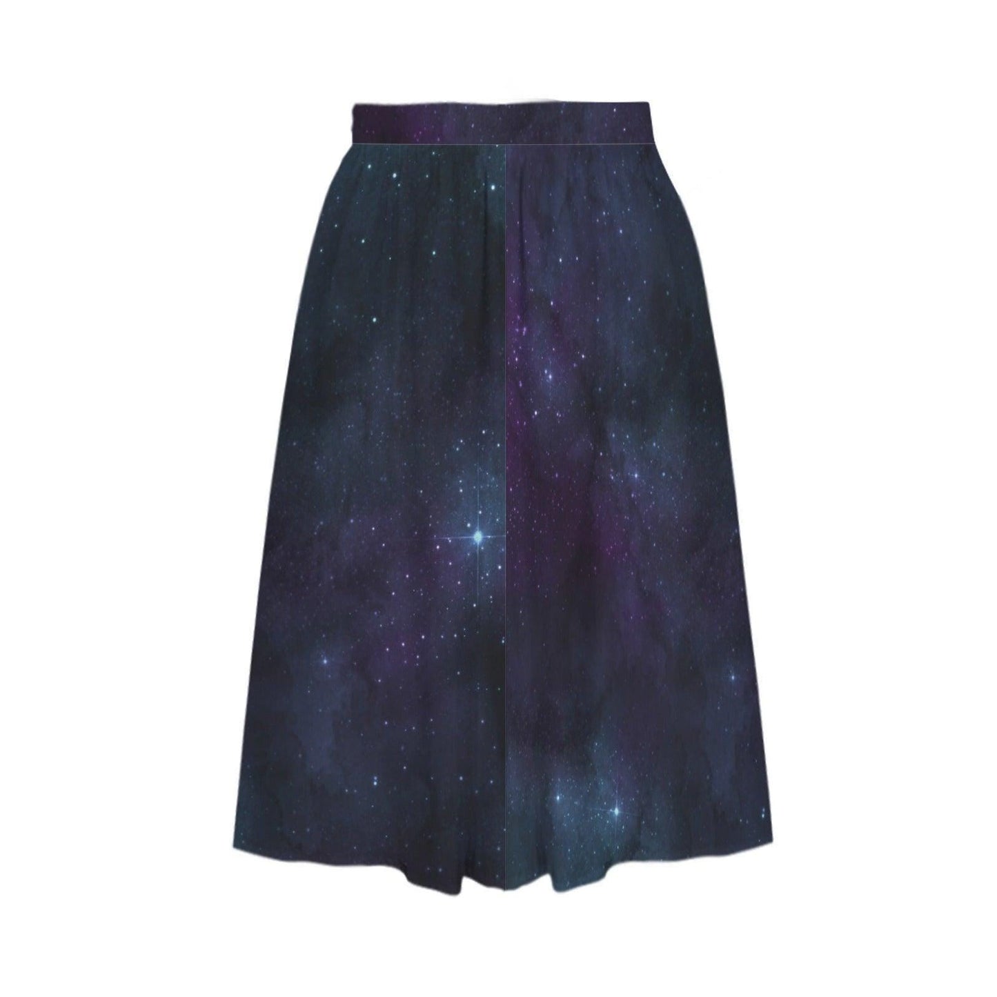 Galaxy Midi Skirt, Celestial Space Print, High Waist Flowy A Line, Pockets, Cosmic Boho