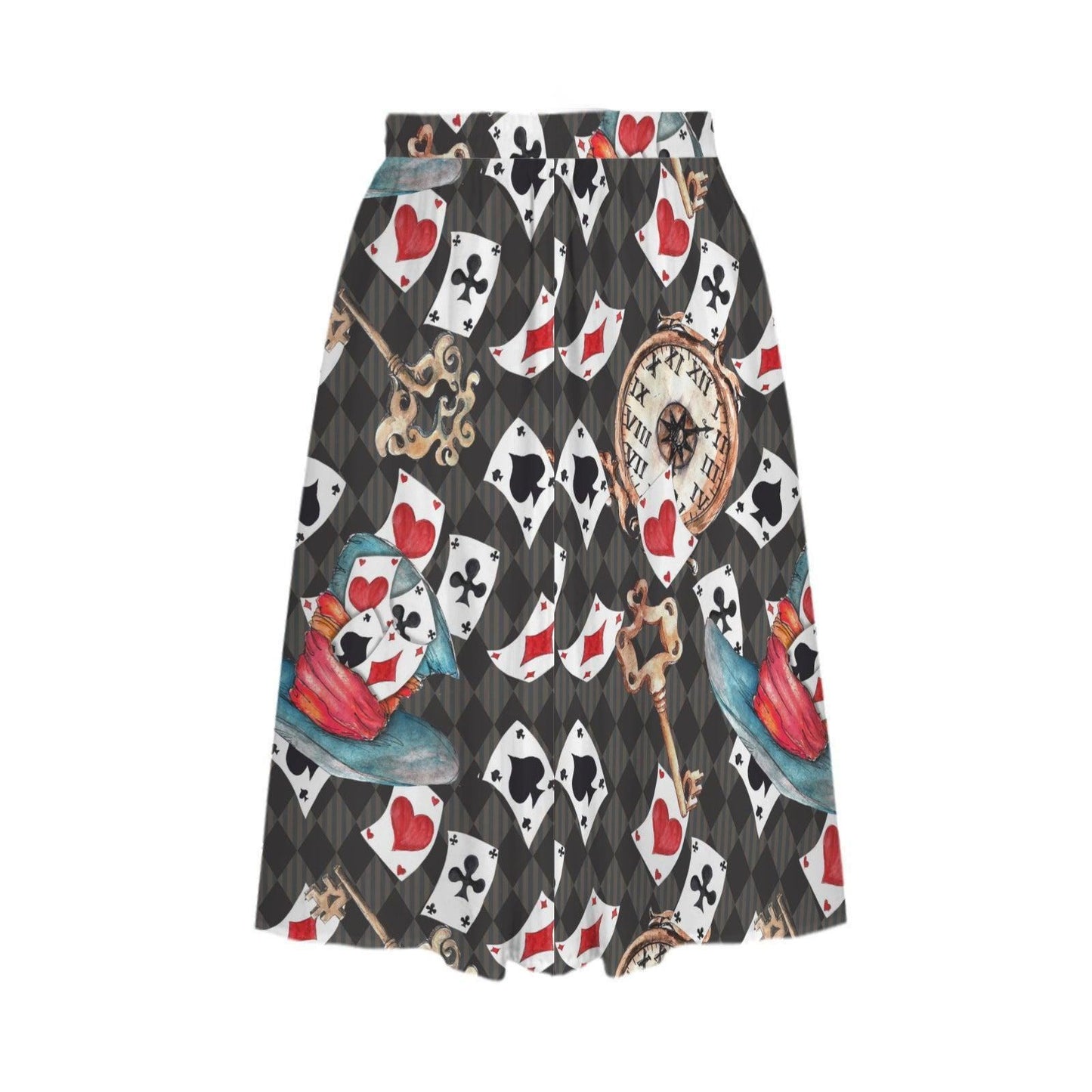 Whimsical Playing Card Midi Skirt, Fantasy Storybook Print, High Waist Statement Fashion