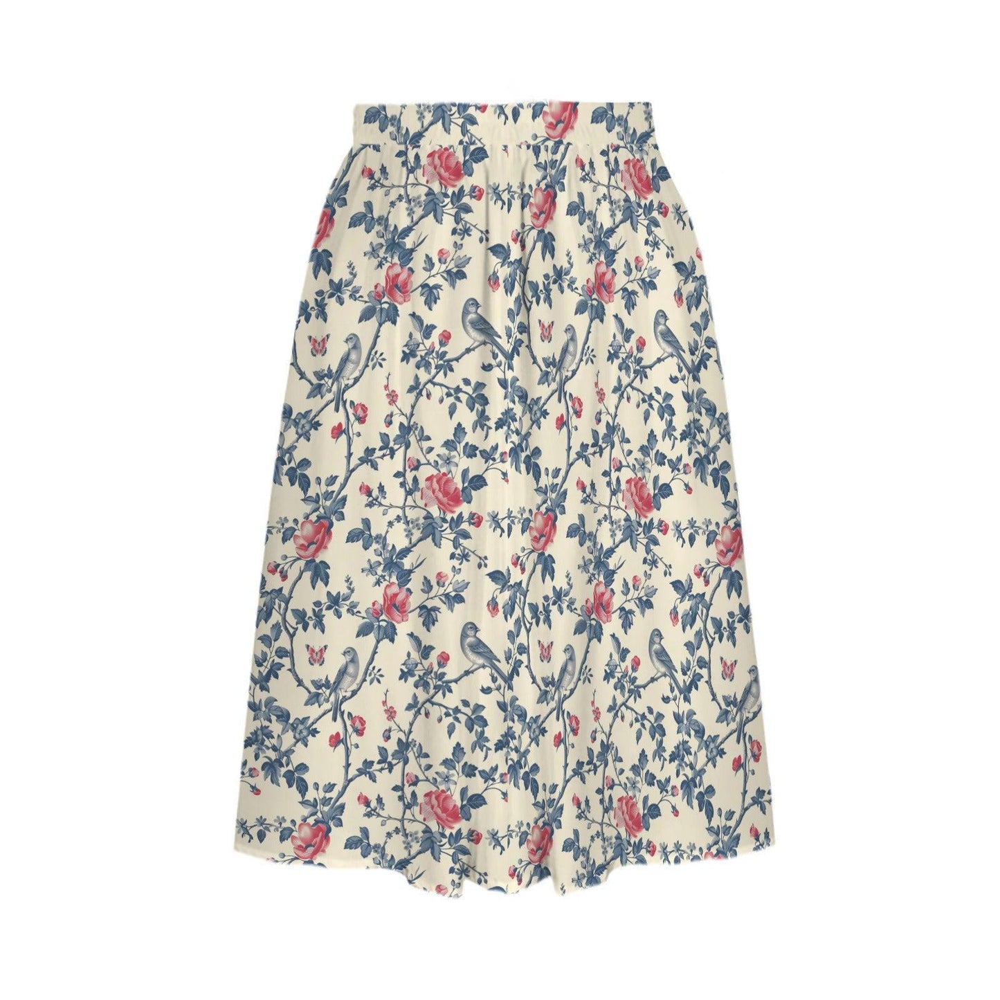 Bird and Rose Print Midi Skirt, Cottagecore A-Line Botanical Garden Skirt with Pockets