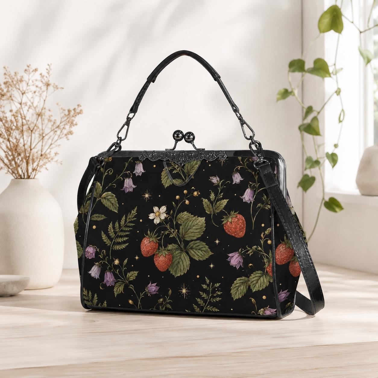 Black Wild Strawberry Kiss Lock Handbag, Vintage Cottagecore Crossbody Purse