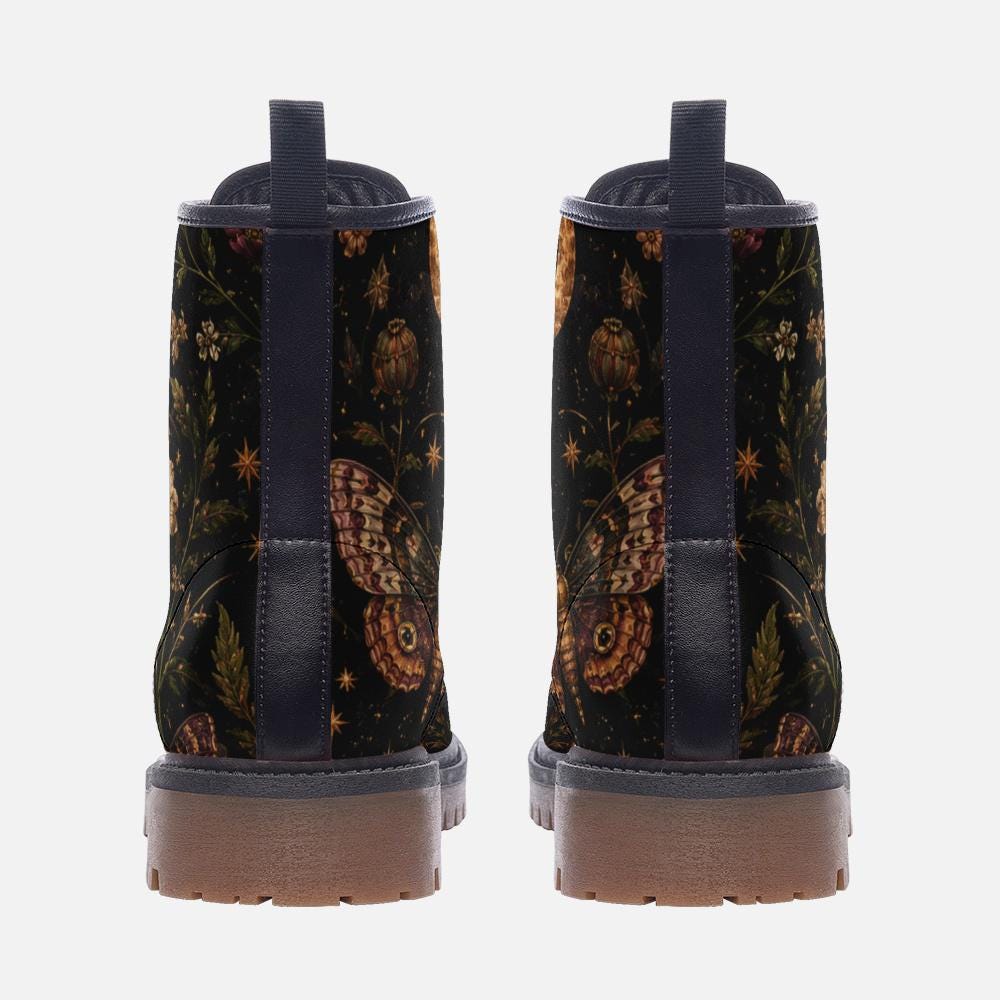 Dark Floral Combat Boots, Moth Moon Lace Up Ankle Boots, Whimsigoth Footwear