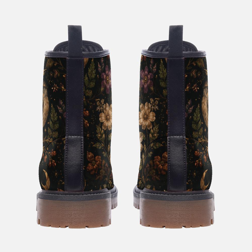 Dark Floral Bird Print Combat Boots, Vintage Botanical Lace Up Shoes