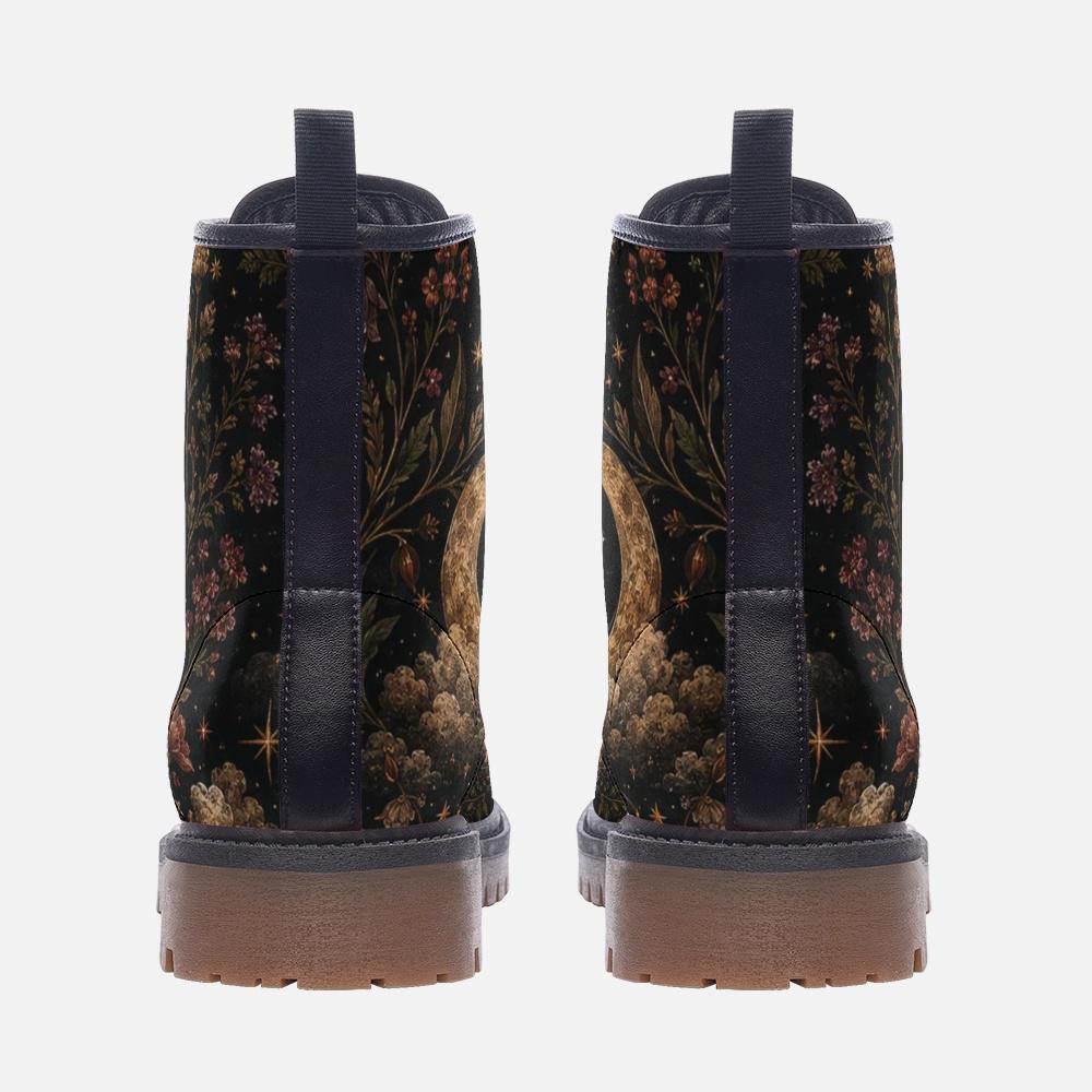 Celestial Floral Combat Boots, Moon Stars Ankle Booties, Dark Cottagecore Lace Up