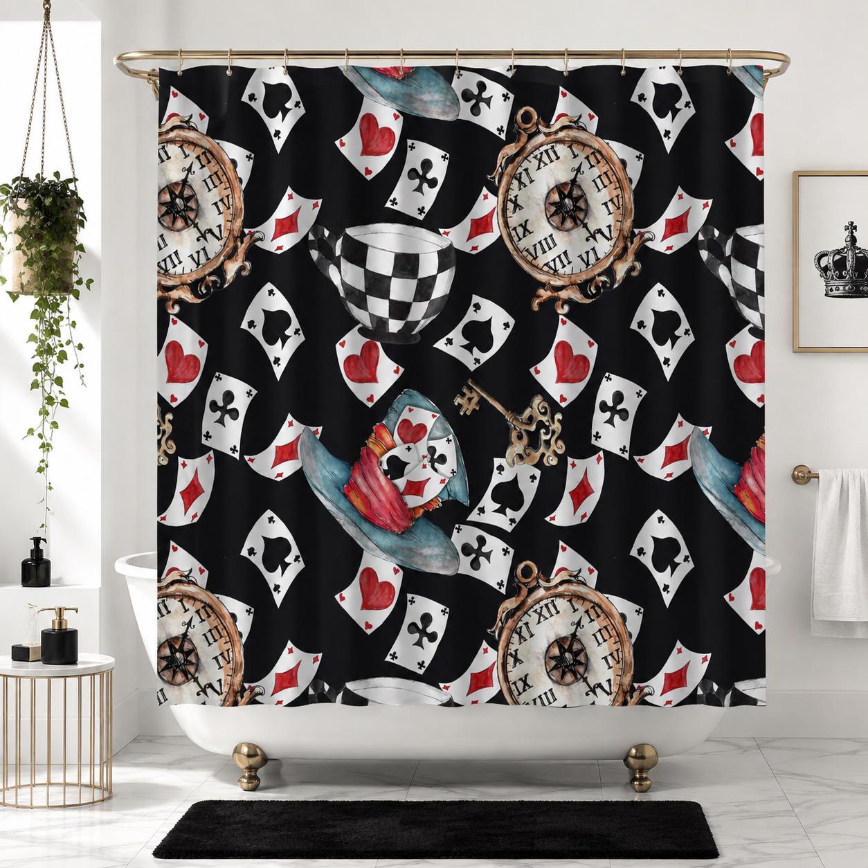 Wonderland Shower Curtain, Playing Cards, Clocks, Mad Tea Party Bathroom Decor