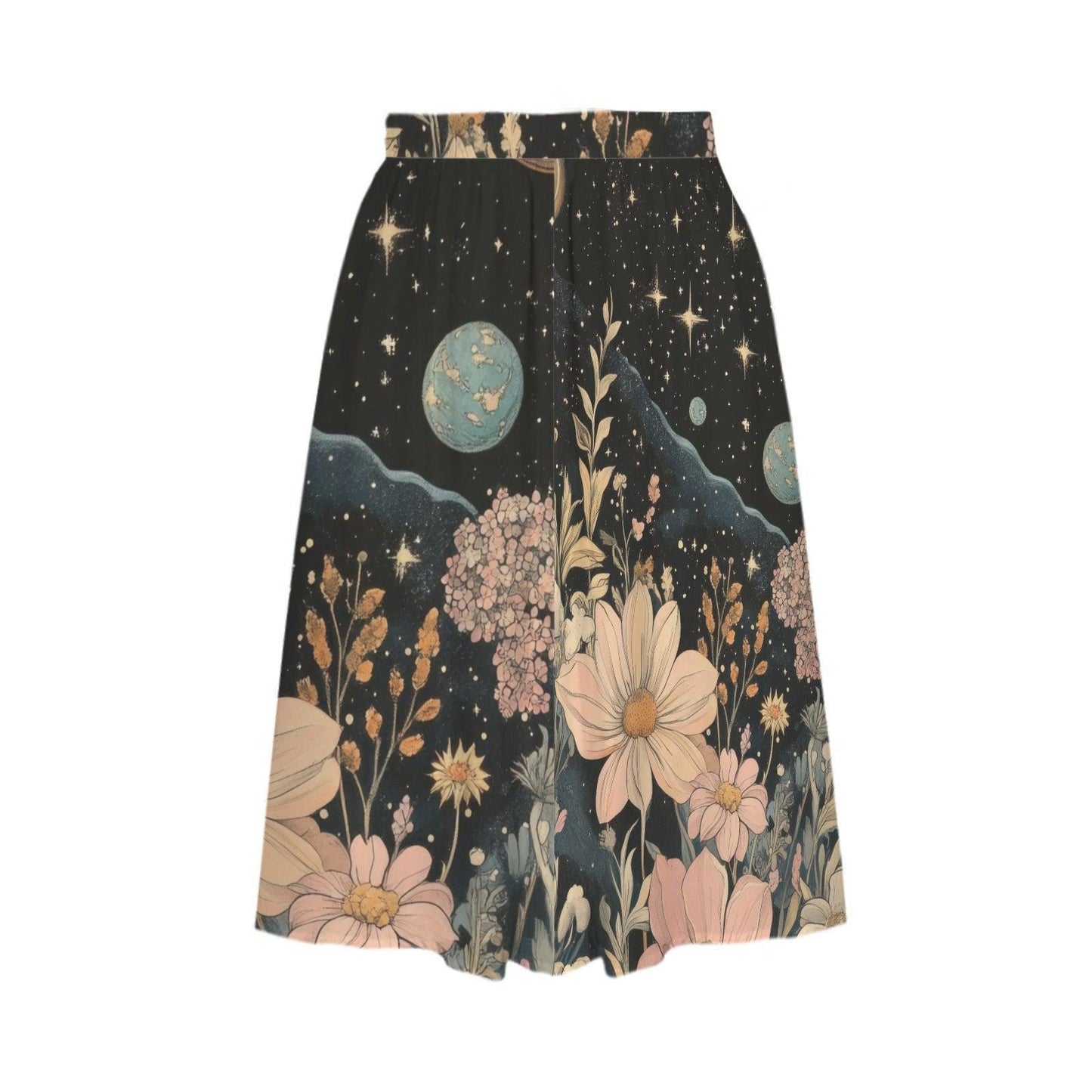 Celestial Floral Midi Skirt, Dark Botanical Moon Stars, Whimsigoth Style, Pockets
