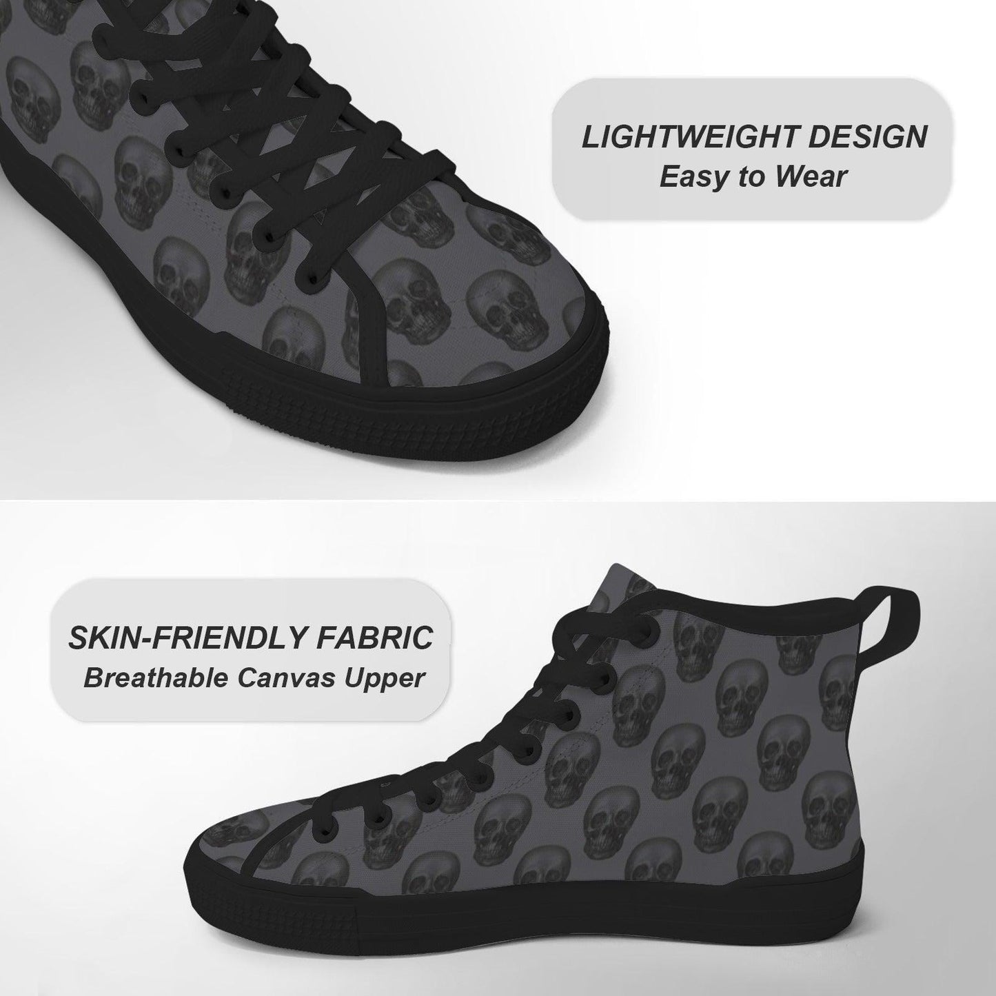 Gray Skull Print High Top Canvas Sneakers, Goth Punk Lace Up Kicks