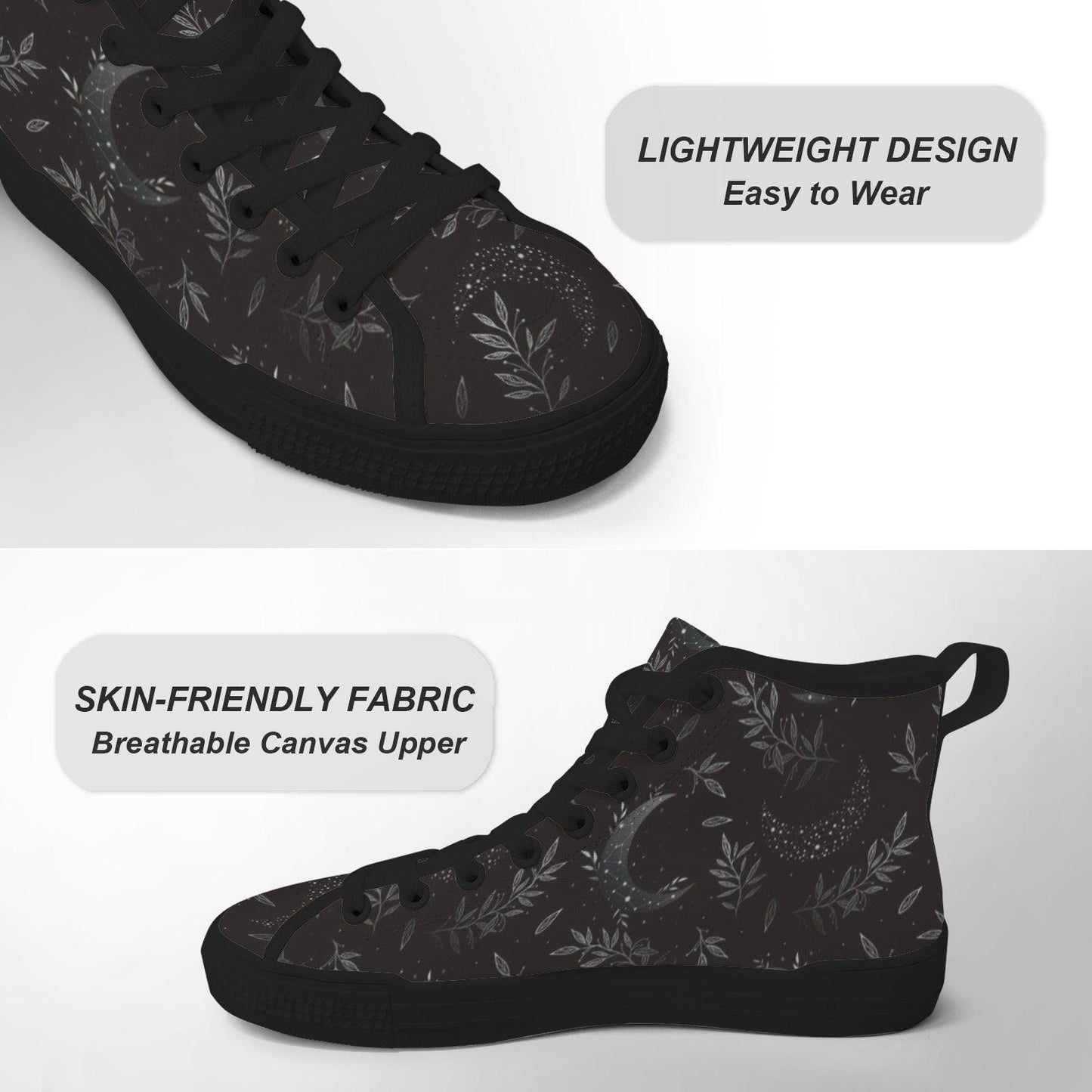 Witchy High Top Sneakers, Black Botanical Moon Wildflower Print Canvas Shoes