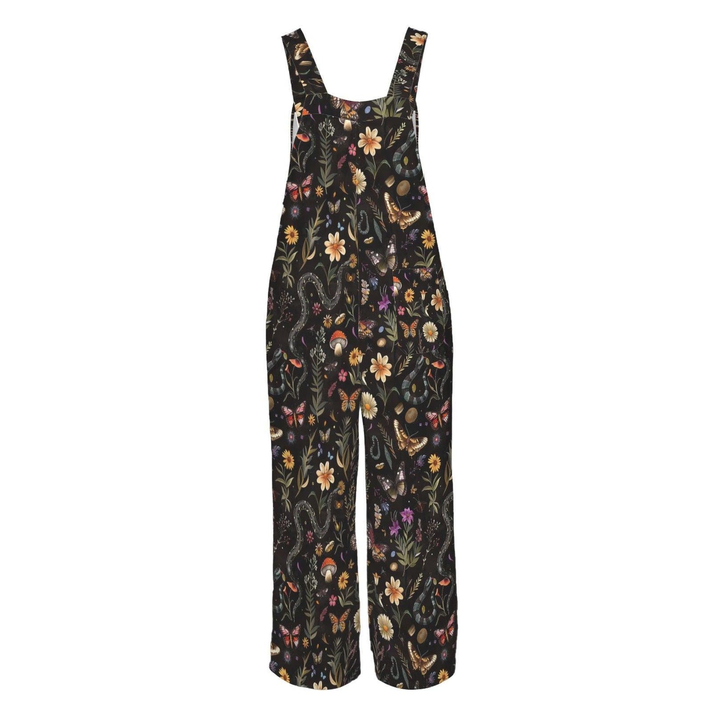 Black Moon Wildflower Celestial Jumpsuit, Wide Leg Sleeveless Overalls With Pockets