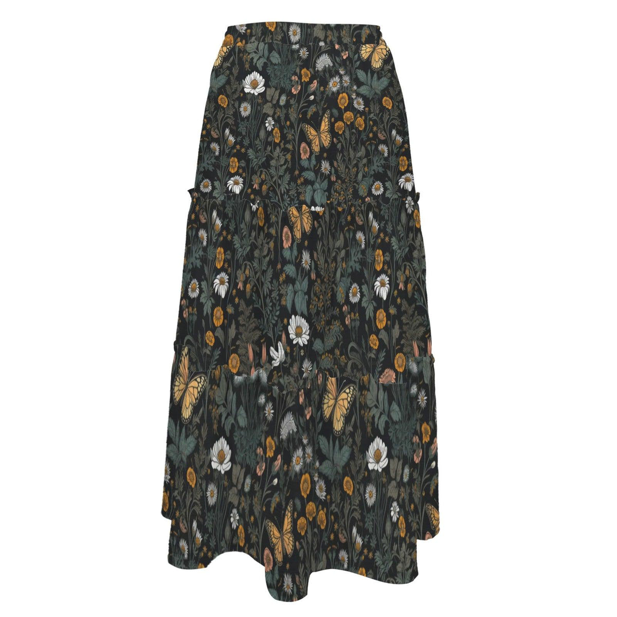 Butterfly and Wildflower Maxi Skirt, Dark Woodland Tiered Floral Design