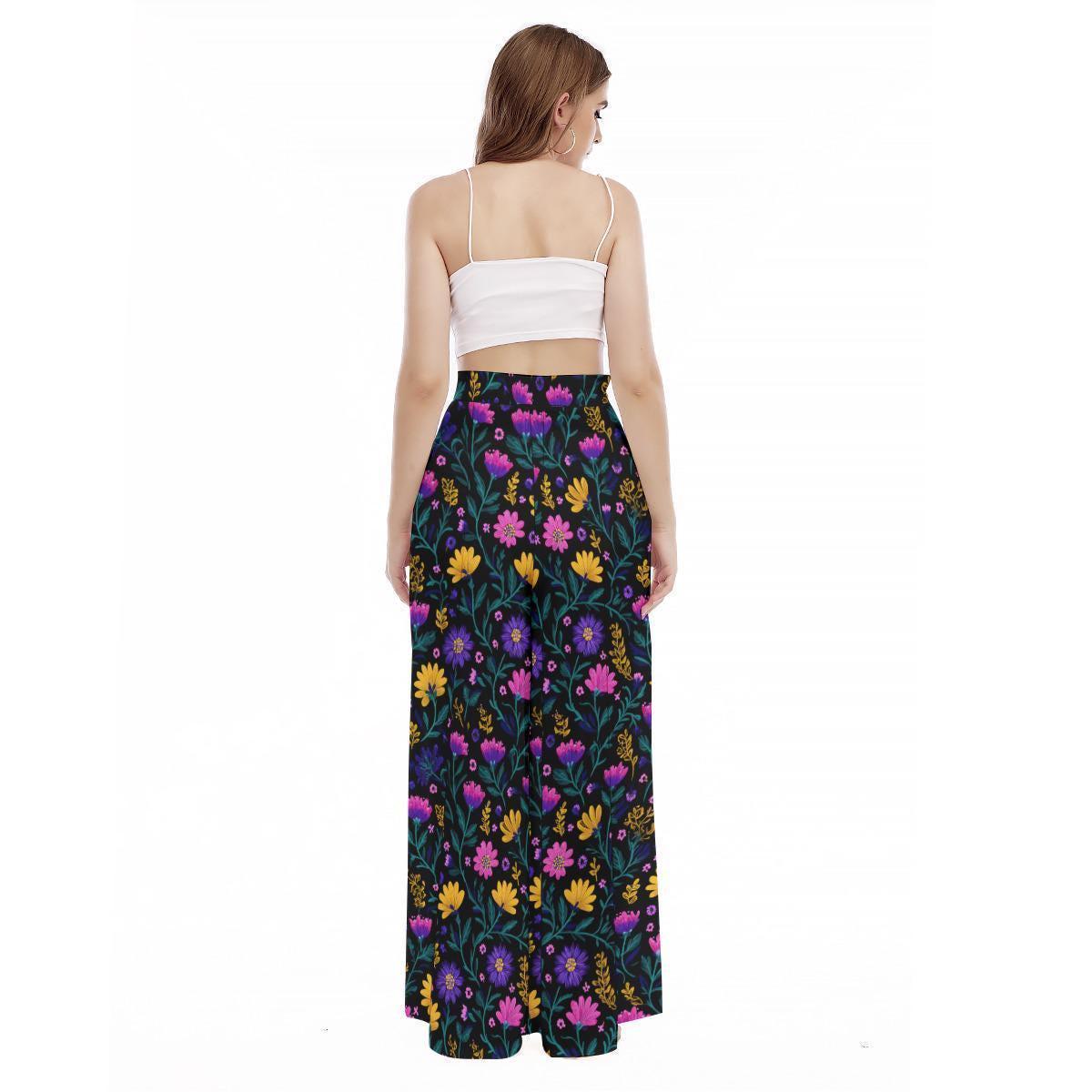 Floral Wide Leg Pants, Folk Art Botanical High Waist Trousers