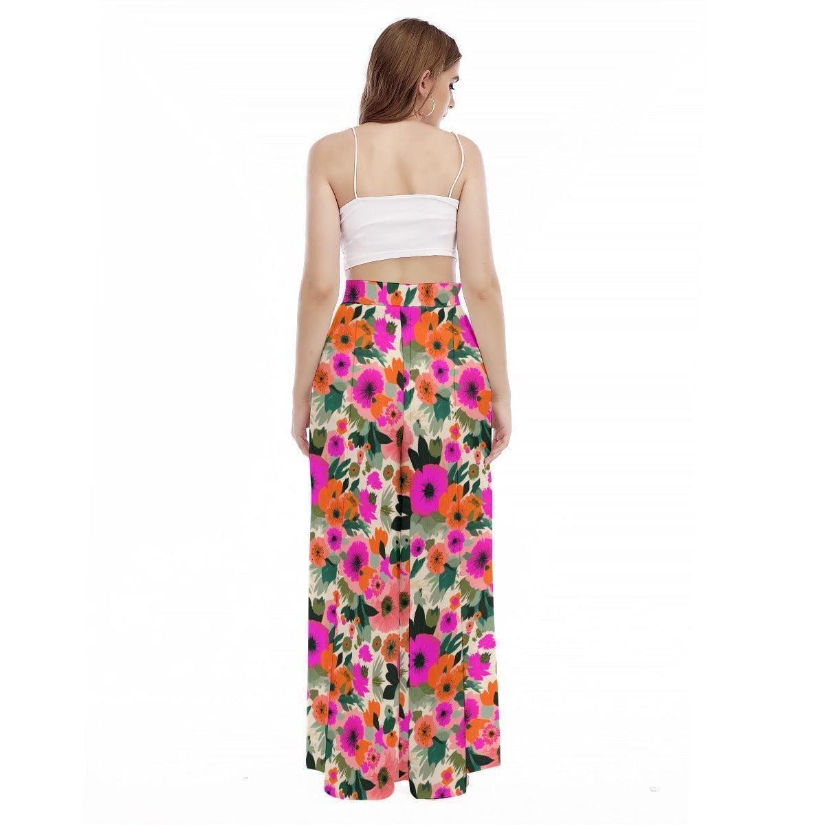 Bold Floral Wide Leg Pants, High Waisted Boho Vacation Trousers