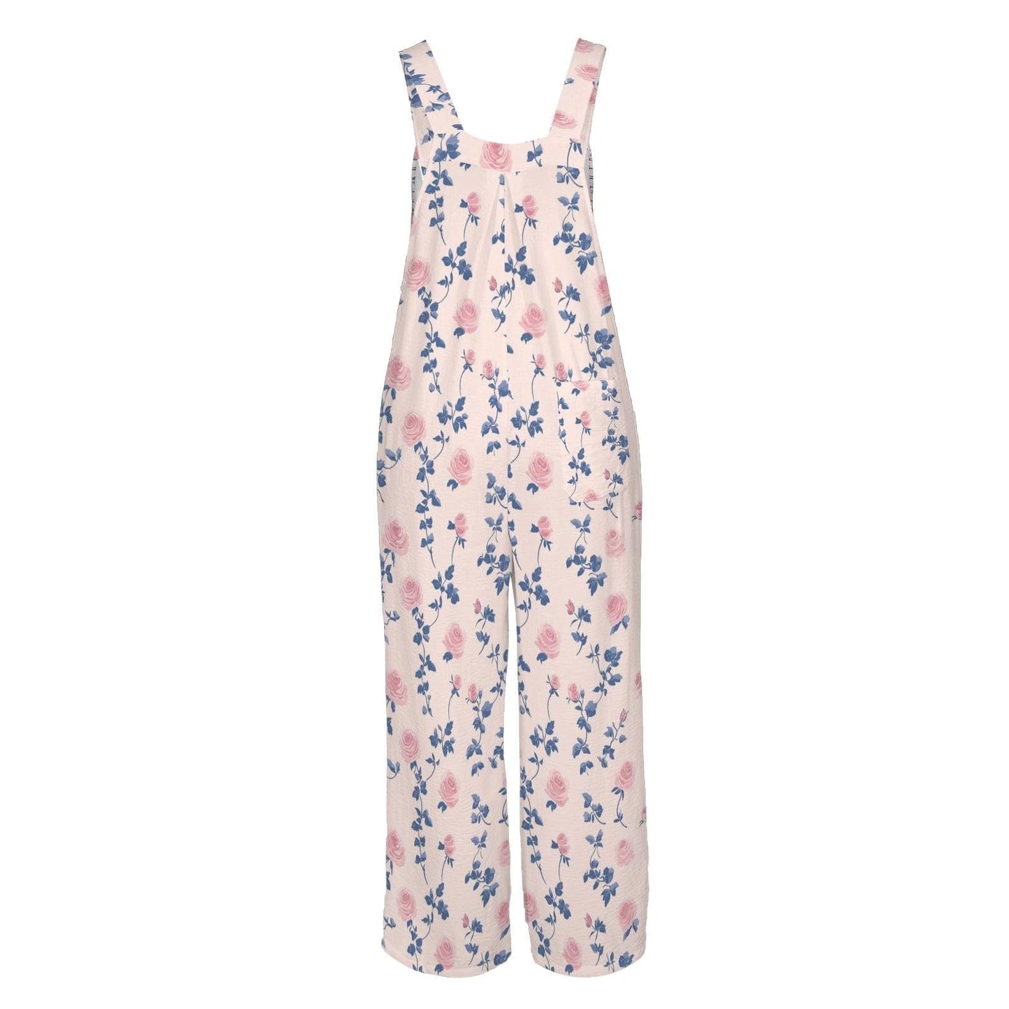 Blush Pink Blue Botanical Floral Jumpsuit, Wide Leg Sleeveless Overalls With Pockets