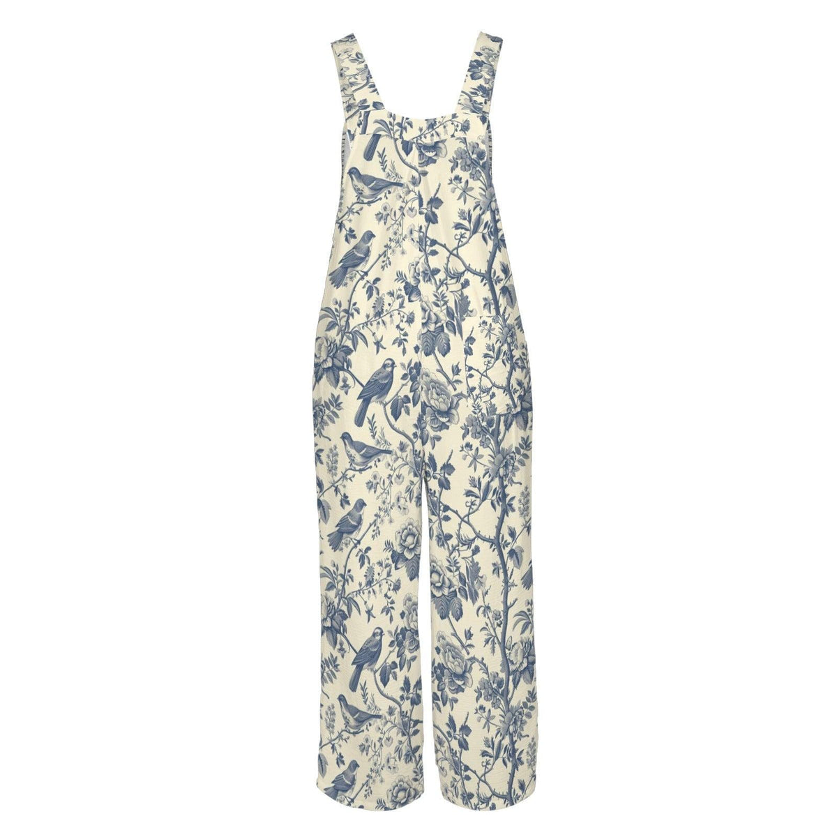 Bird Toile Jumpsuit, Blue Ivory Botanical Wide Leg One Piece with Pockets