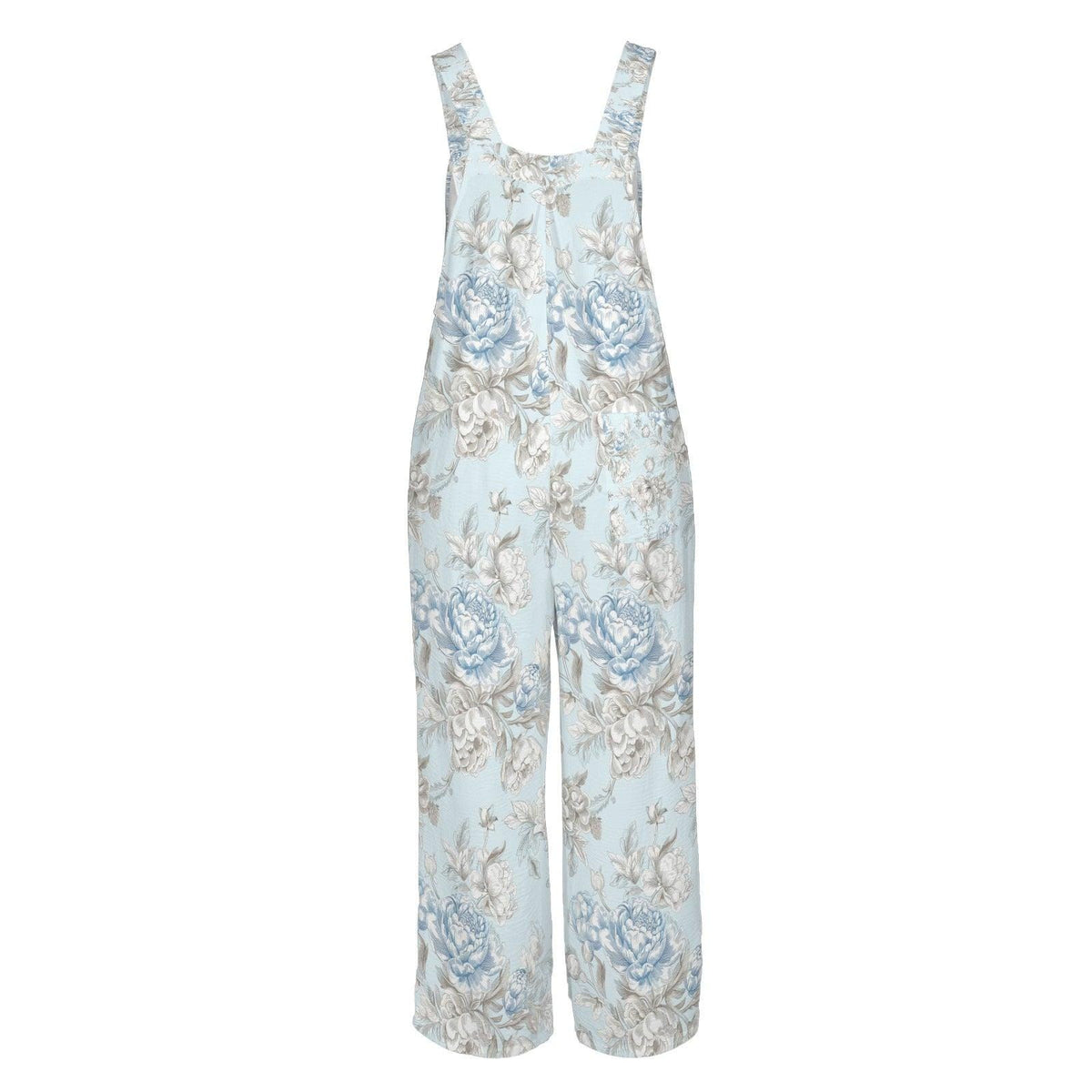 Blue Rose Wide Leg Jumpsuit, Pale Botanical Overalls with Pockets