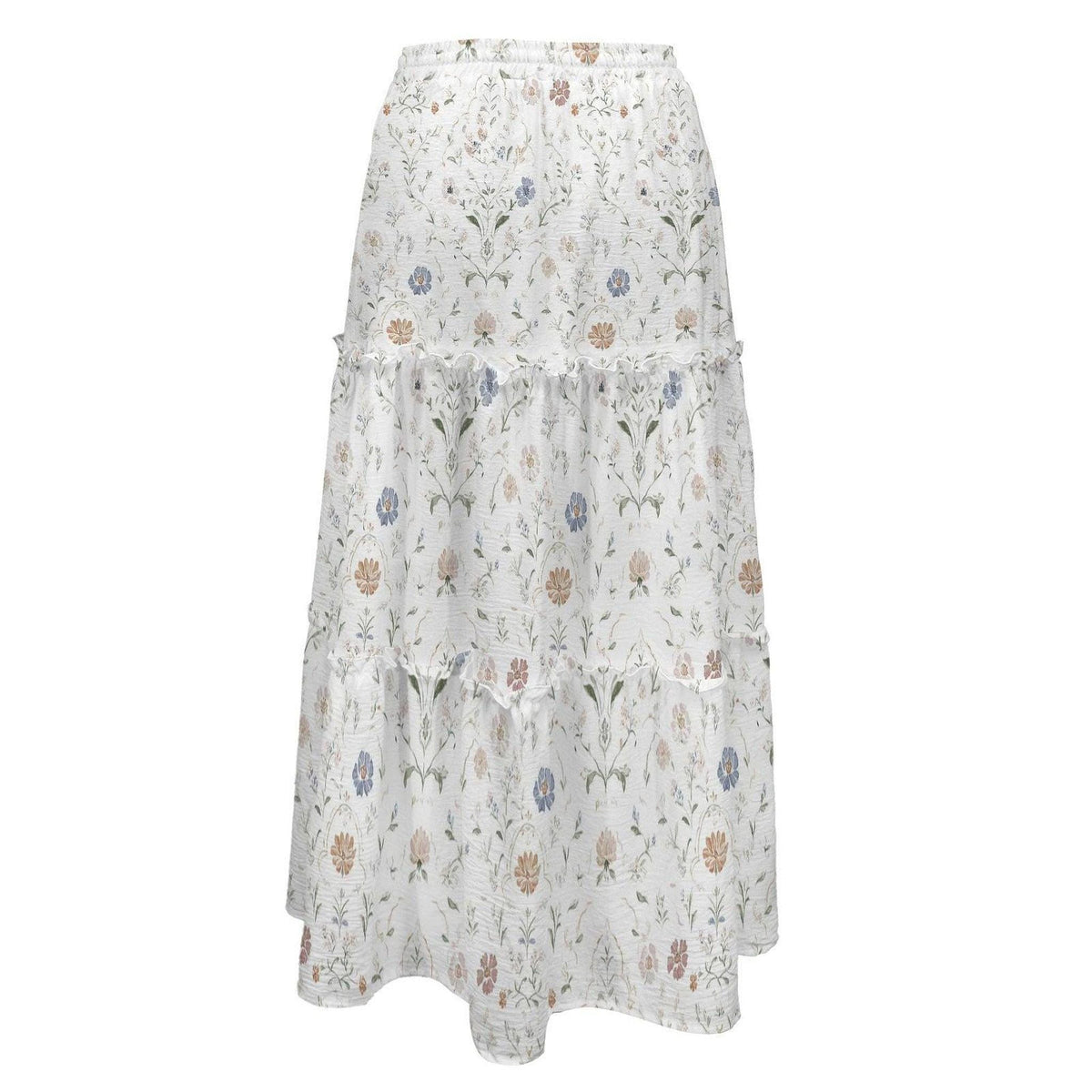 A long, white, high-waisted tiered maxi skirt with an all-over delicate floral botanical print in muted blue, pink, and green tones.