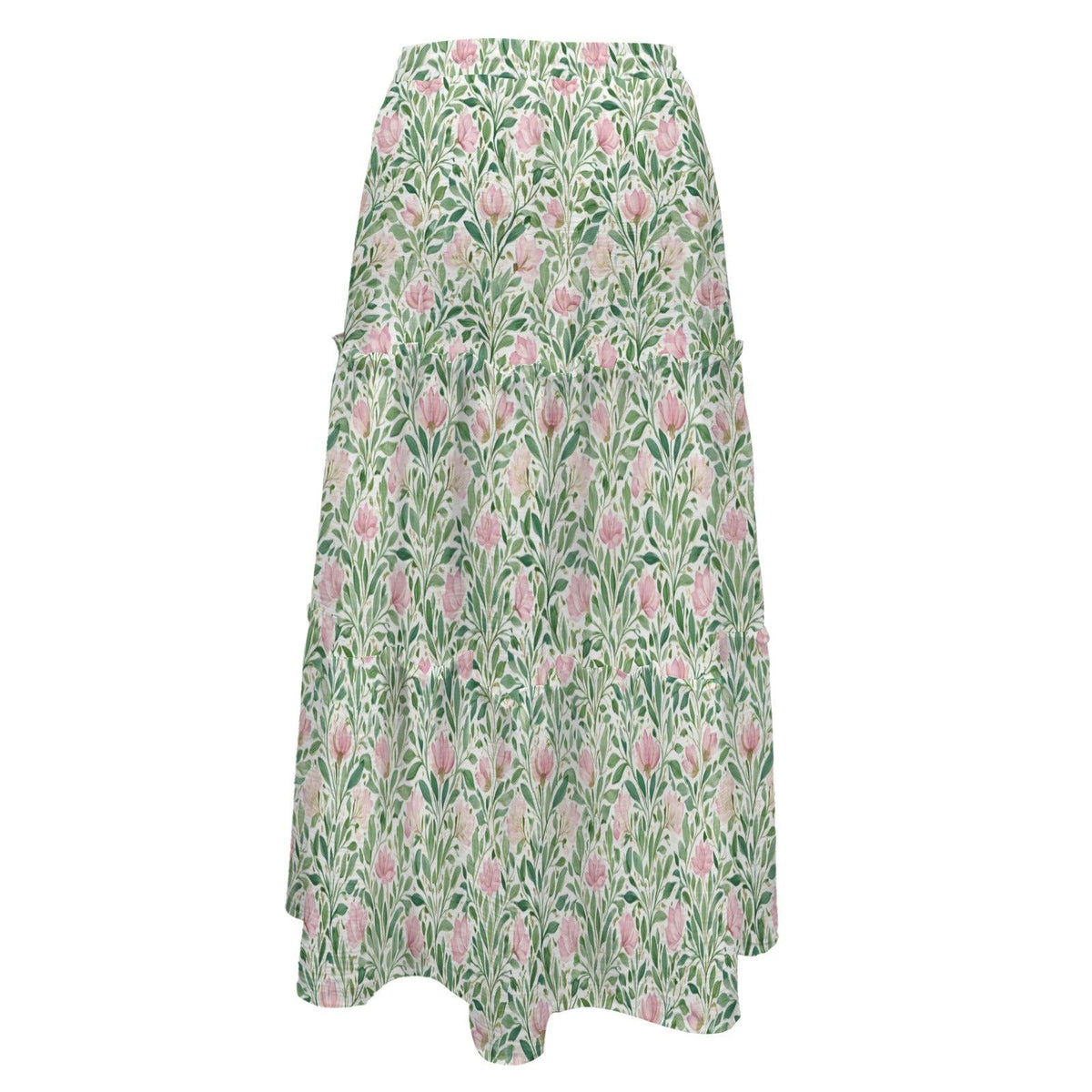 Pink Cottage Garden Maxi Skirt, Sage Green Tiered Floral Skirt