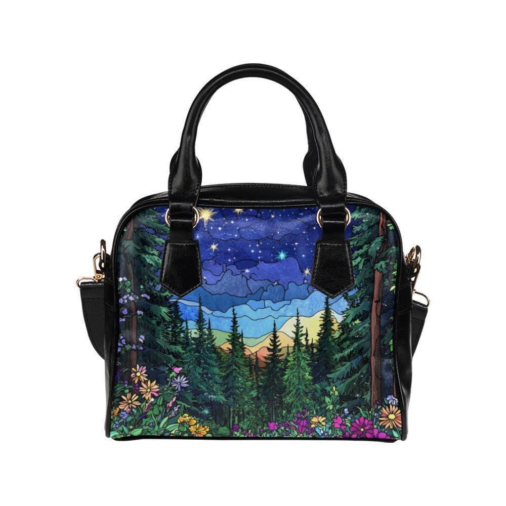 Stained Glass Forest Handbag, Starry Night Woodland Shoulder Bag, Nature Lover Purse