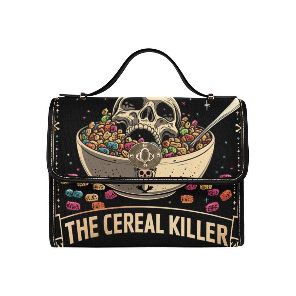Dark humor shoulder bag, cereal killer canvas satchel, alt goth streetwear purse
