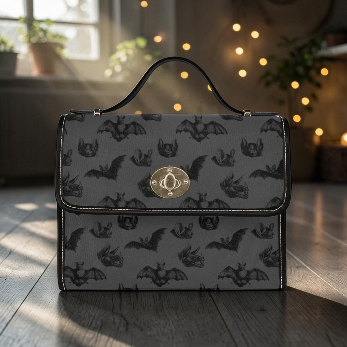 Black Bat Satchel Purse, Gothic Style Handbag, Dark Print Everyday Shoulder Bag