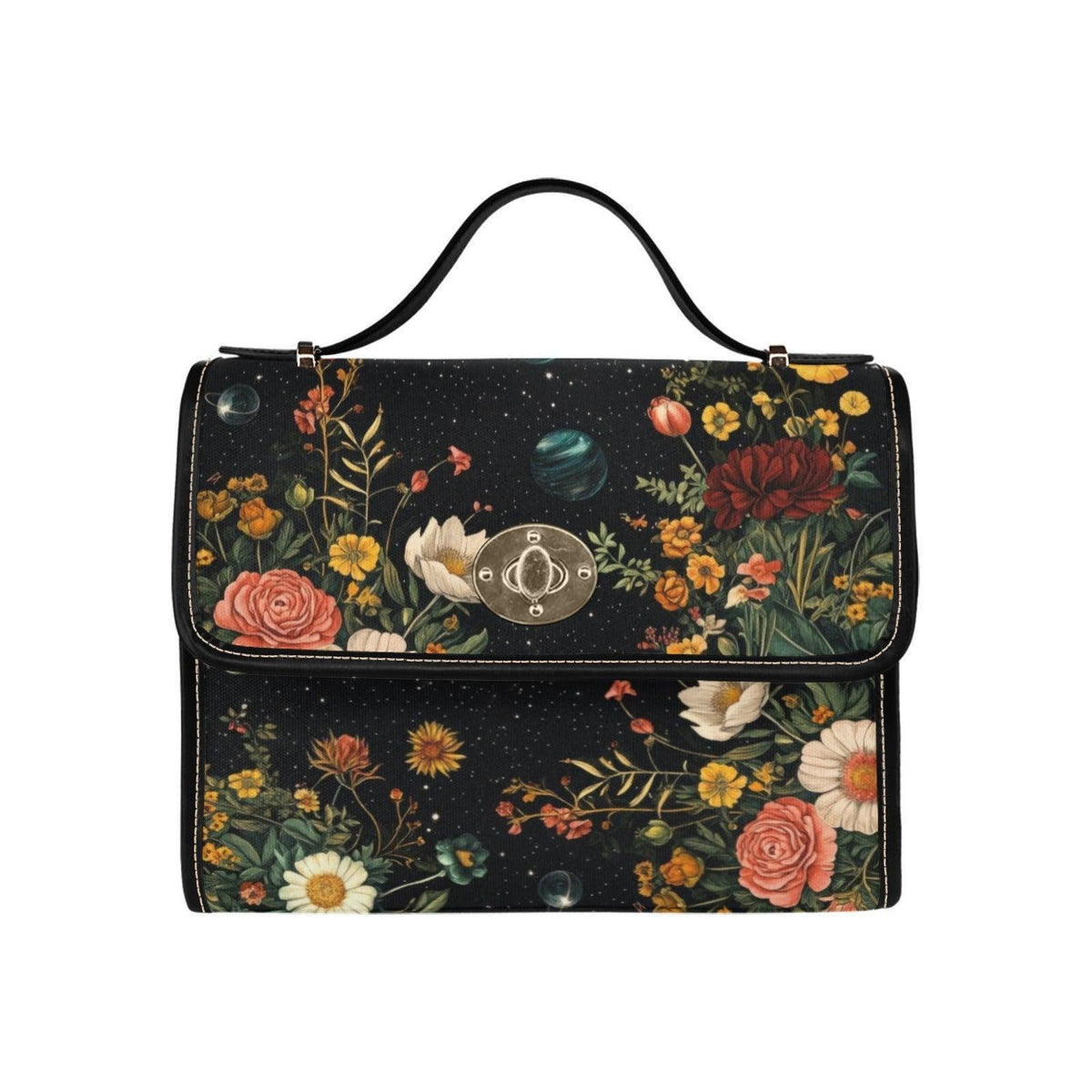 Celestial Floral Satchel Bag, Dark Botanical Top Handle Purse, Planet Print Crossbody Handbag