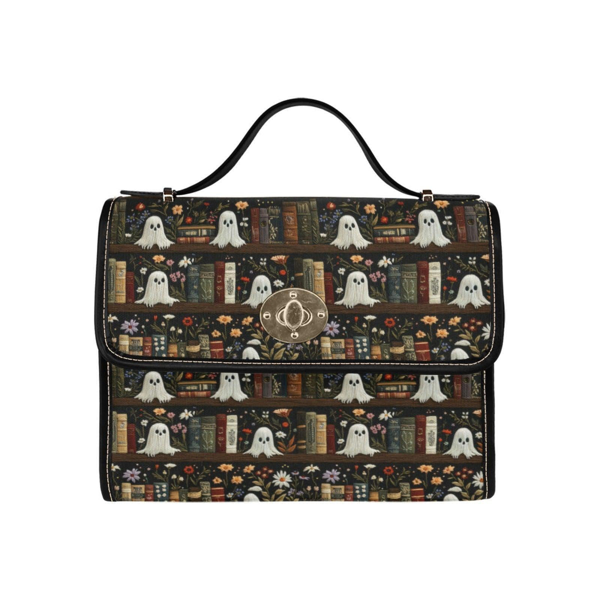 Ghost library satchel, spooky book print crossbody bag, witchy academia purse, haunted books tote