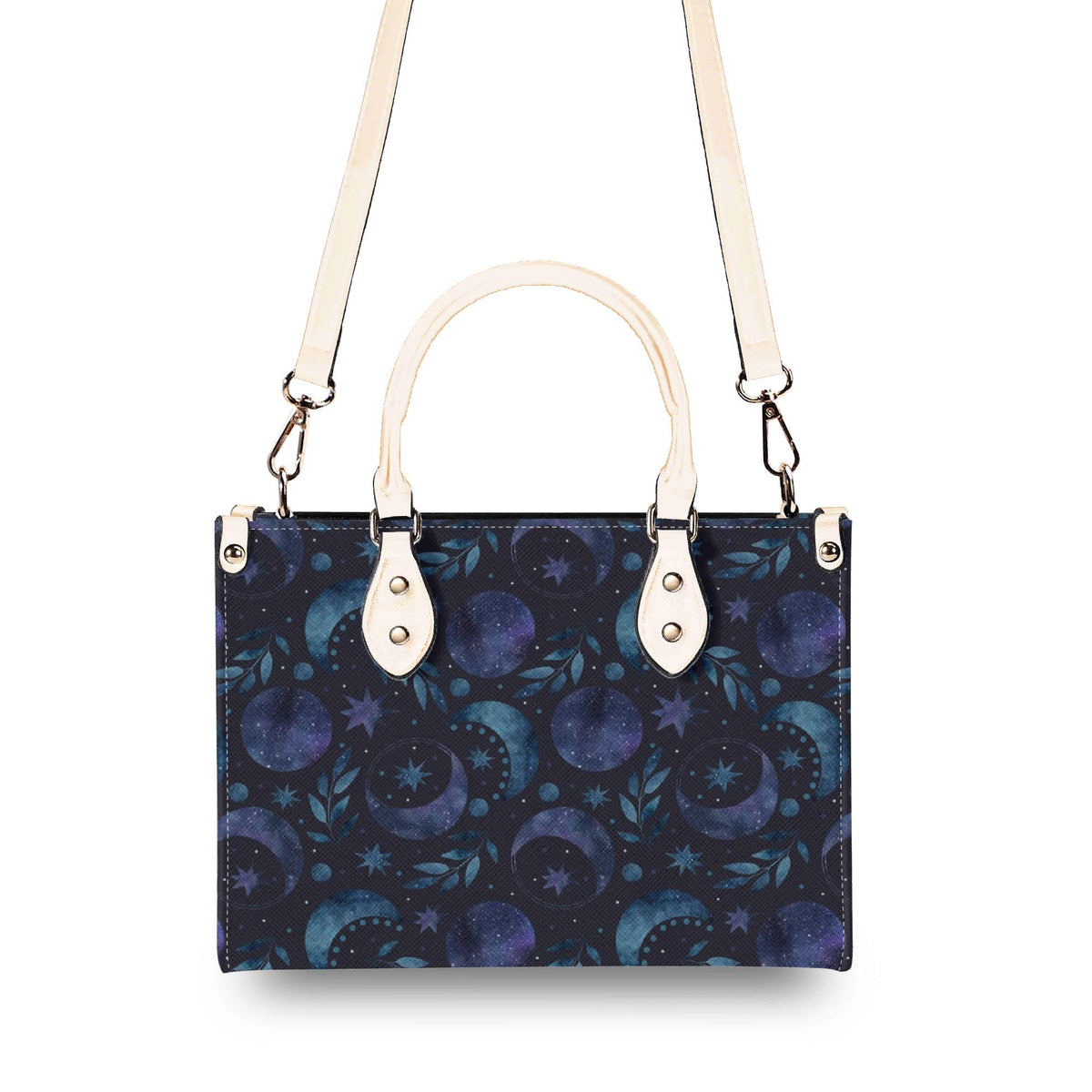 Celestial Crescent Moon Handbag with Blue Stars and Crossbody Strap