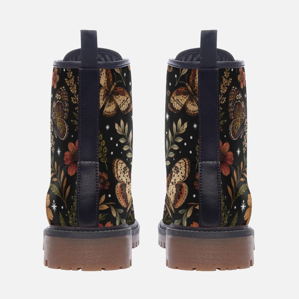 Whimsigoth Moth Floral Lace Up Boots, Dark Botanical Chunky Sole Ankle Shoes