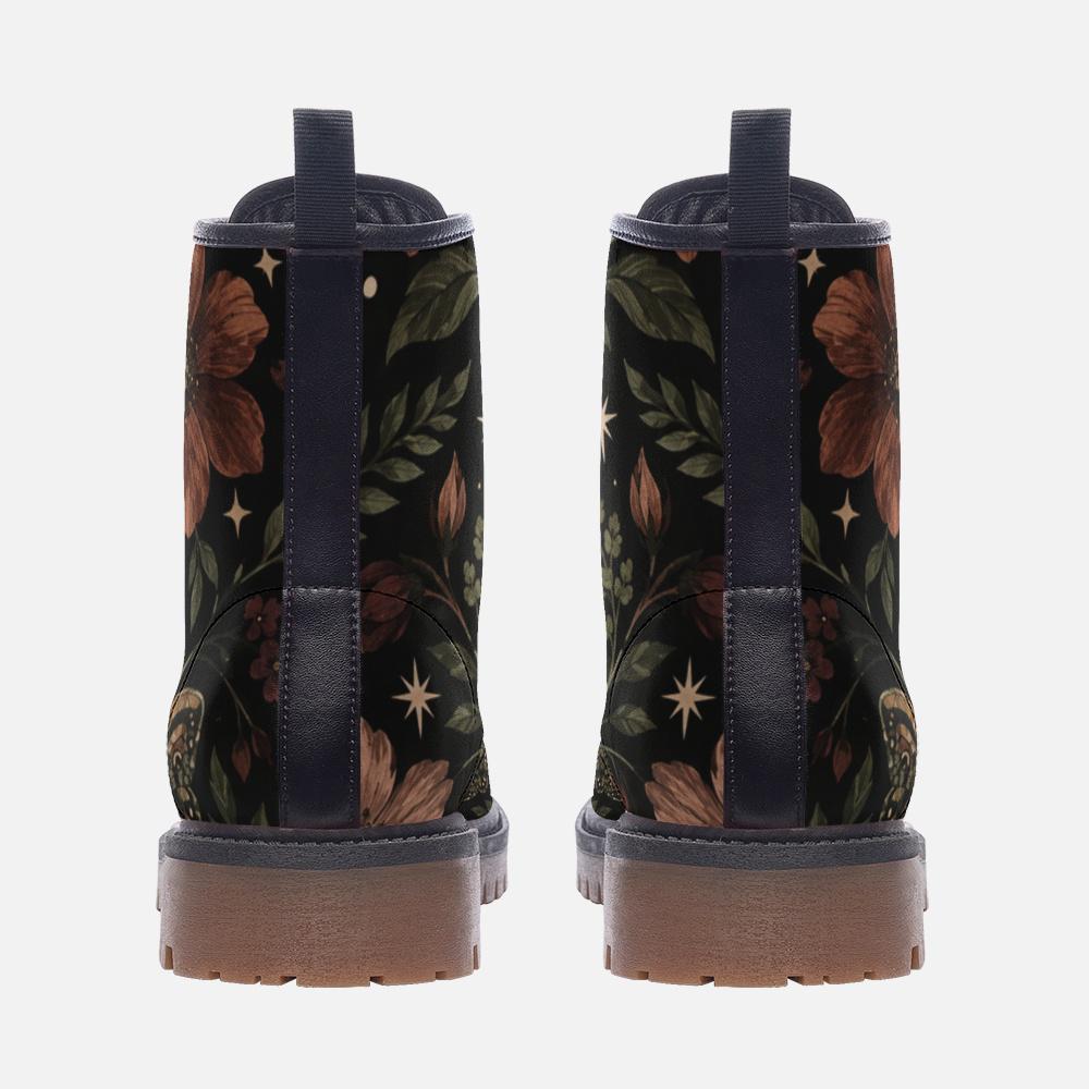 Floral Ankle Boots With Lace Up Front, Rust Blooms and Leafy Vines