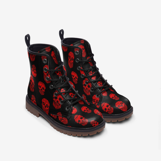 Goth Red Skulls Black Vegan Leather Unisex Boots