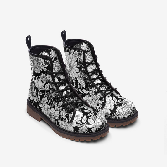 Black & White Flowers Vegan Leather Unisex Boots