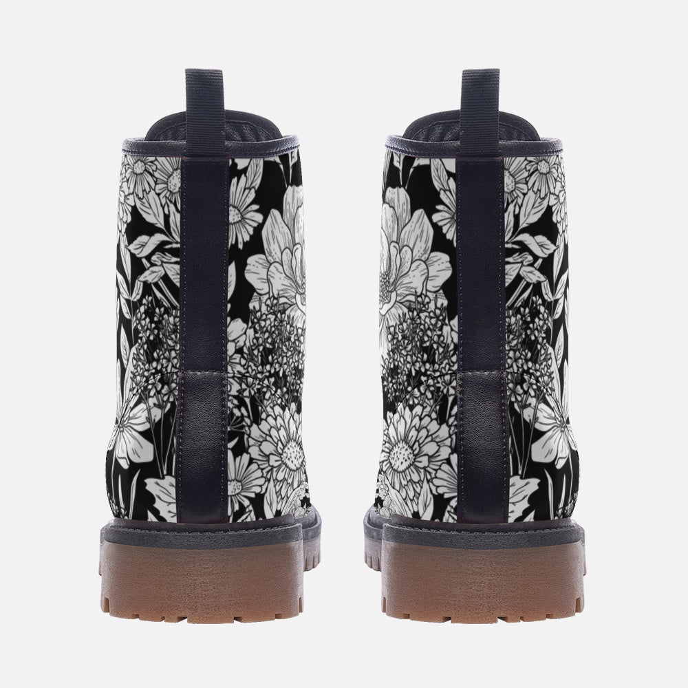 Black & White Flowers Vegan Leather Unisex Boots