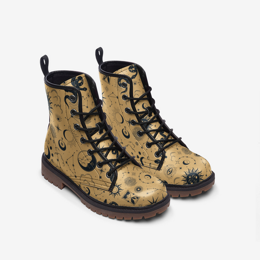 Celestial Moon & Stars Mustard Vegan Leather Unisex Boots