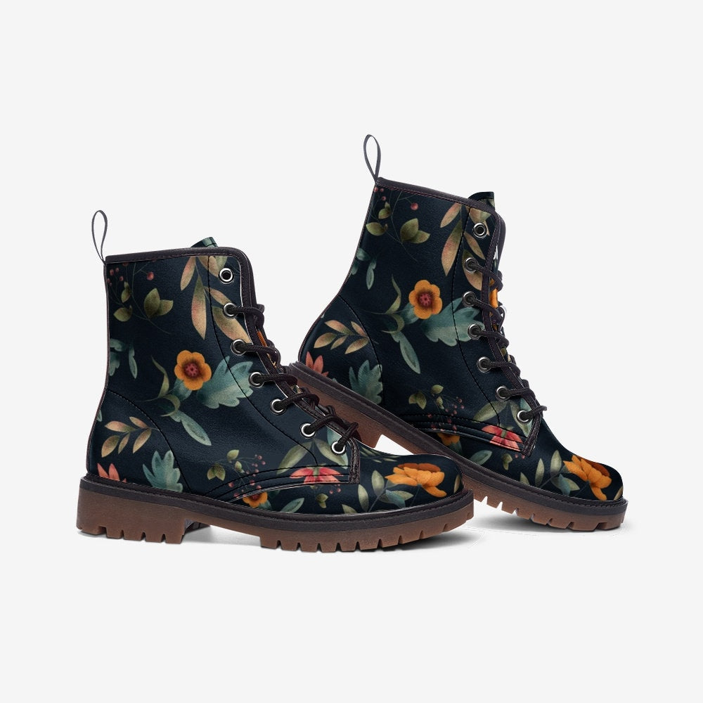 Boho Flowers Dark Autumn Vegan Leather Unisex Boots