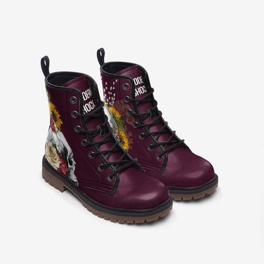 Burgundy Goth Skull With Roses Vegan Leather Unisex Boots