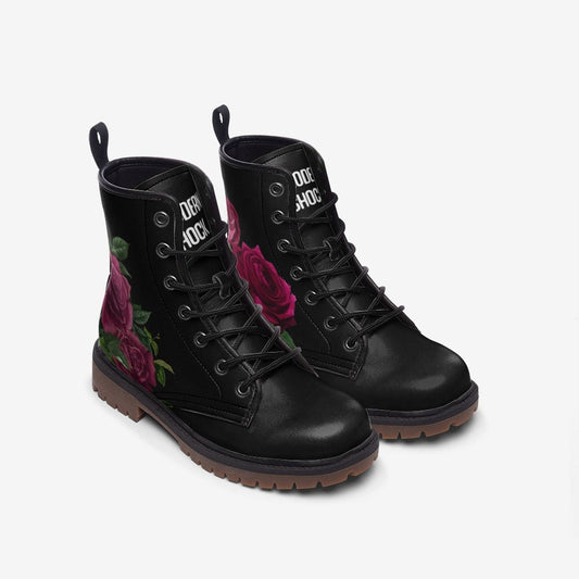 Burgundy Goth Roses Black Vegan Leather Unisex Boots