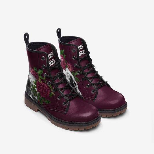 Skull & Roses Burgundy Vegan Leather Unisex Boots