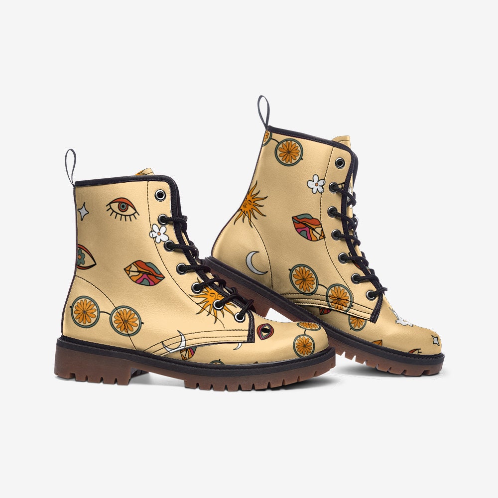 Retro Trippy Yellow Vegan Leather Unisex Boots