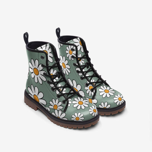 Retro Dusty Green Daisies Vegan Leather Unisex Boots