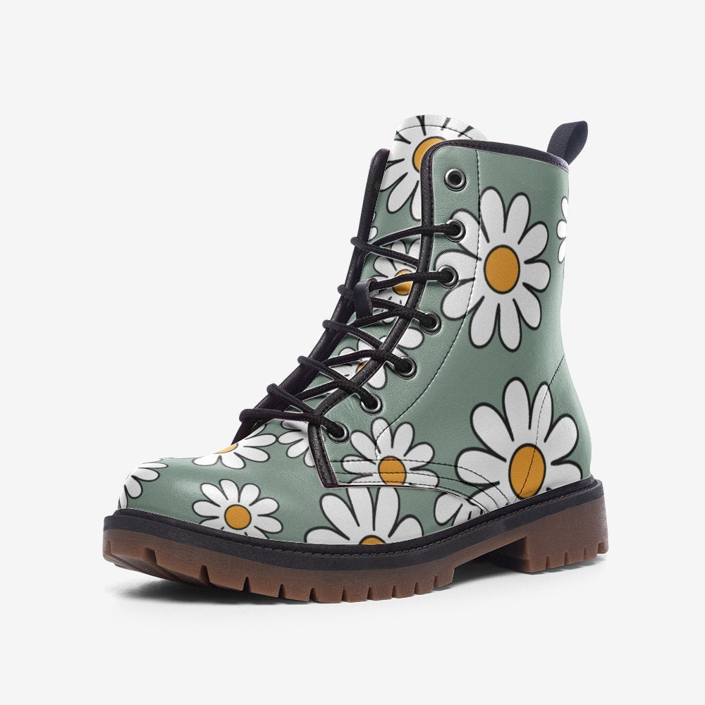 Retro Dusty Green Daisies Vegan Leather Unisex Boots