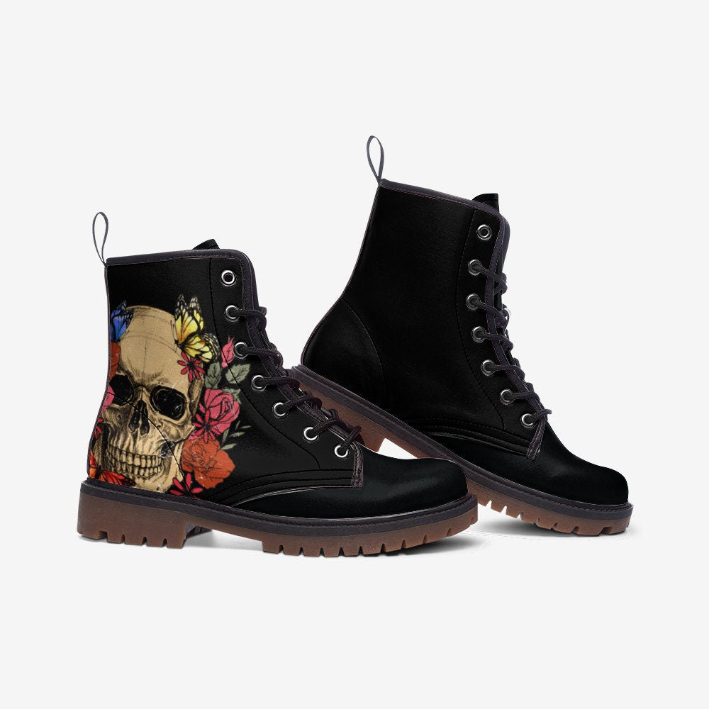 Gothic Skull & Flowers Vegan Leather Unisex Boots