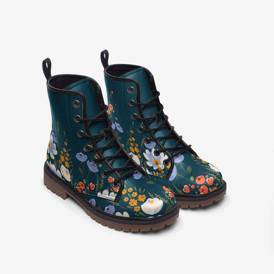 Dark Blue Vintage Floral Vegan Leather Unisex Boots
