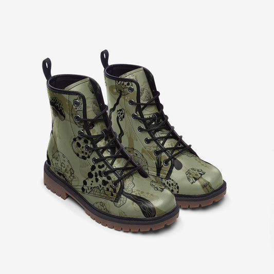 Goblincore Mushroom Military Green Vegan Leather Unisex Boots